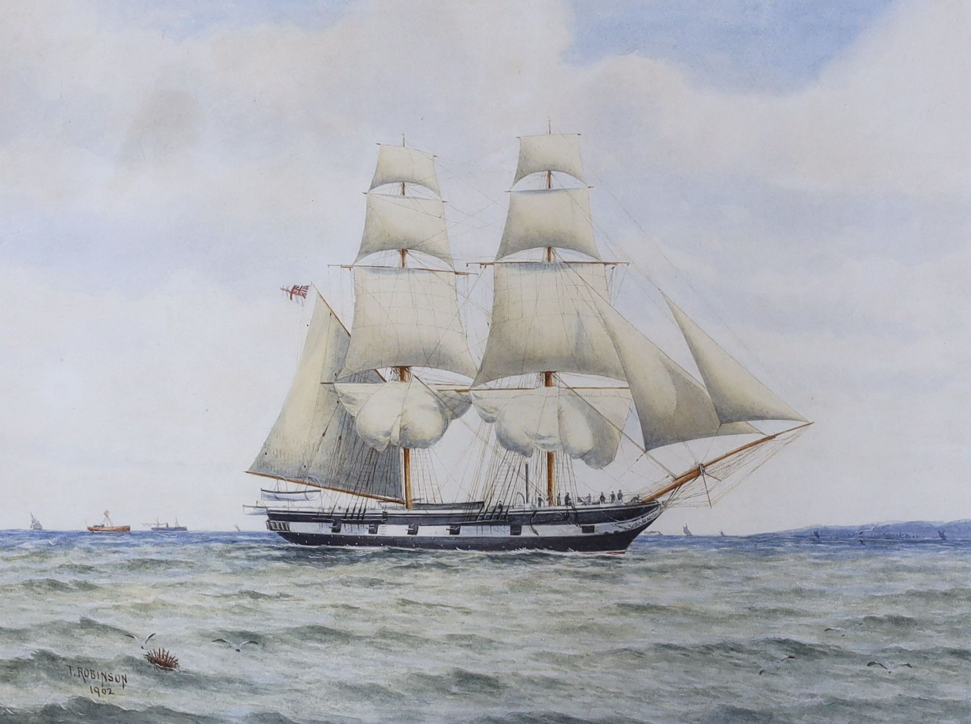 T. Robinson, watercolour, Ten gun warship at sea, signed and dated 1902, 25 x 33cm